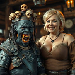 A striking and imaginative scene set in a medieval tavern, featuring two distinct characters