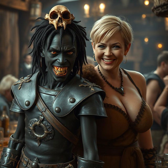 A striking and intense scene set in a medieval tavern, featuring two dramatically contrasting characters