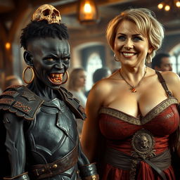 A striking and intense scene set in a medieval tavern, featuring two dramatically contrasting characters