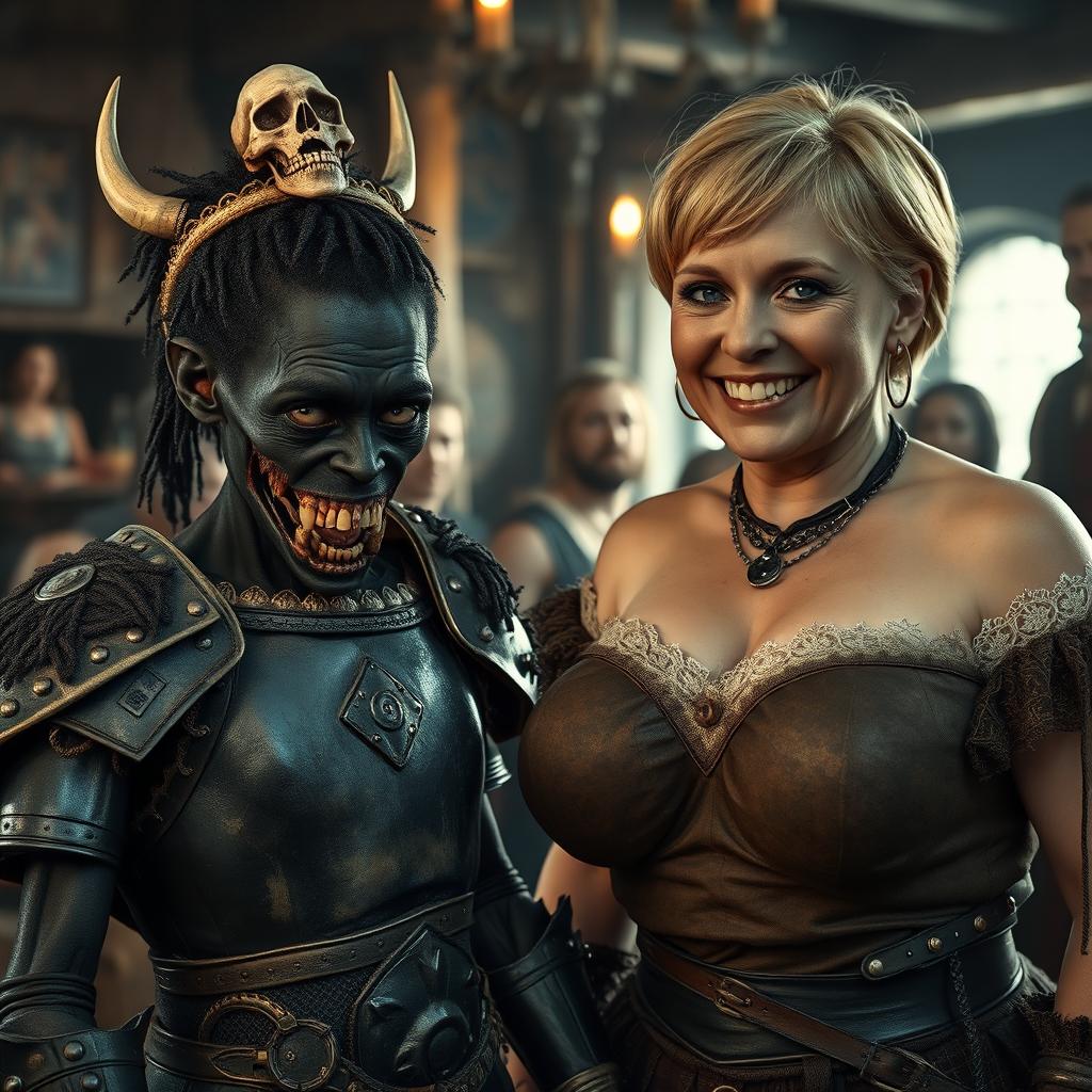 A striking and intense scene set in a medieval tavern, featuring two dramatically contrasting characters