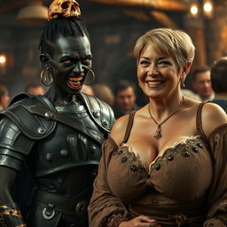 A striking and intense scene set in a medieval tavern, featuring two dramatically contrasting characters