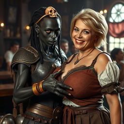 A vivid and dramatic scene set in a medieval tavern, featuring two contrasting characters