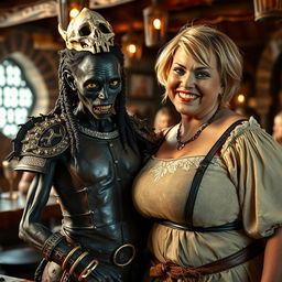 A vivid and dramatic scene set in a medieval tavern, featuring two contrasting characters