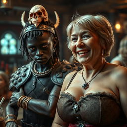 A dramatic and vivid scene set in a medieval tavern, featuring two starkly contrasting characters