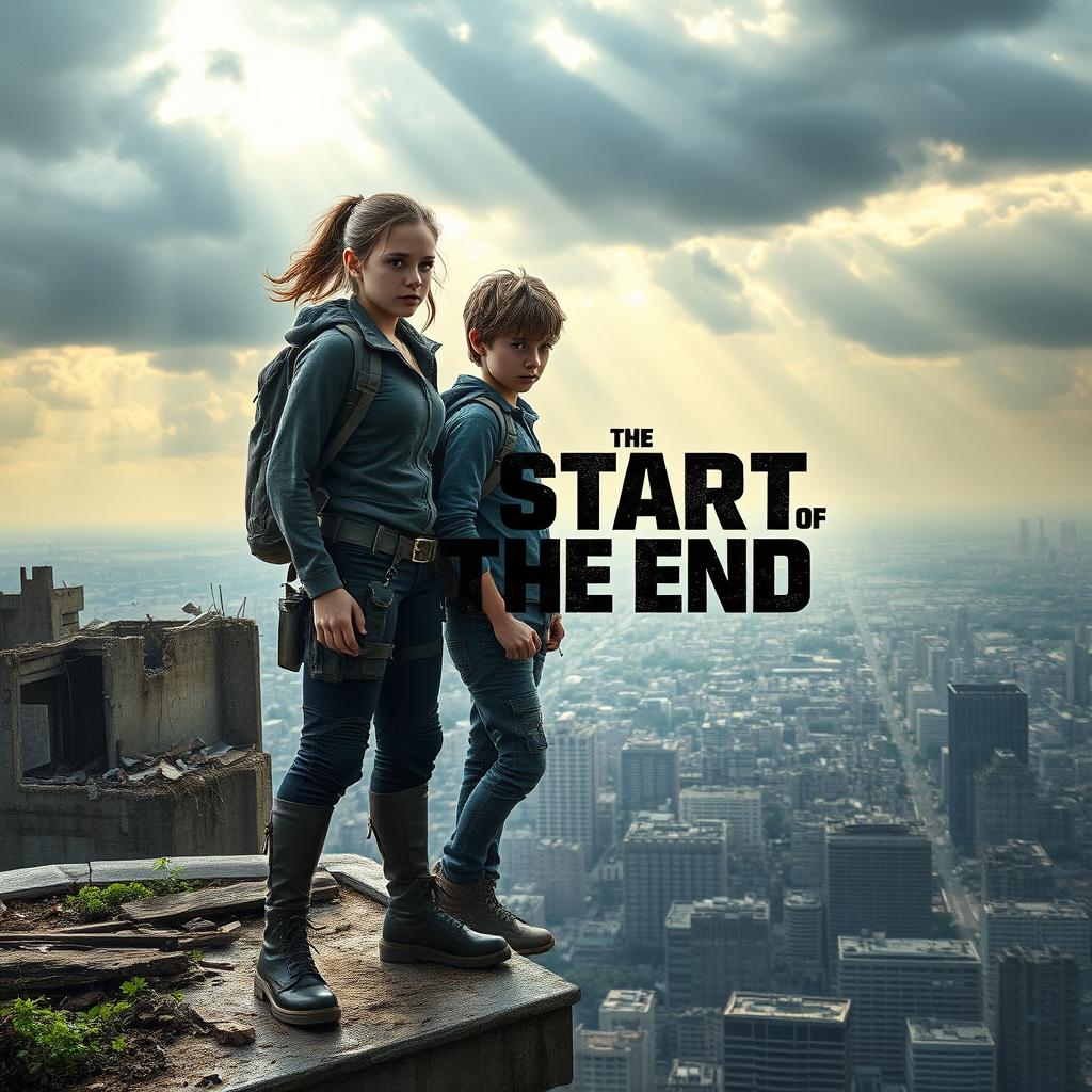 A determined teenage girl and her brother standing on the rooftop of a crumbling skyscraper, overlooking a vast post-apocalyptic landscape