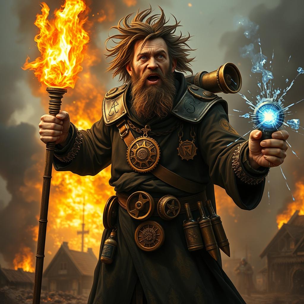 A middle-aged human preacher with wild hair and a scruffy beard stands passionately amidst chaos