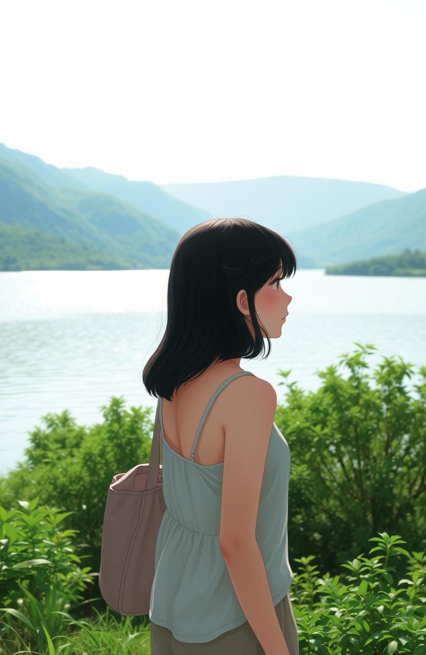 A contemplative girl with shoulder-length black hair gazes at a serene lake, surrounded by lush greenery