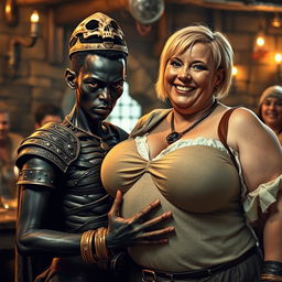 A dramatic medieval tavern scene featuring two strikingly contrasting characters