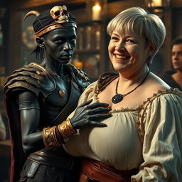 A dramatic medieval tavern scene featuring two strikingly contrasting characters