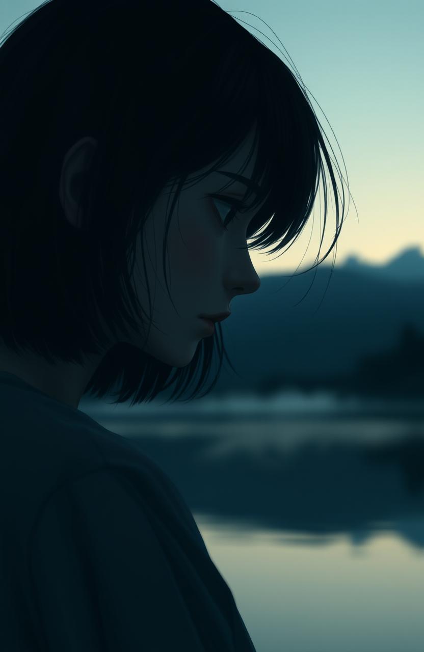 A melancholic girl with shoulder-length black hair gazing over a serene lake