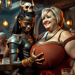 A vivid and striking scene in a medieval tavern, featuring two contrasting characters