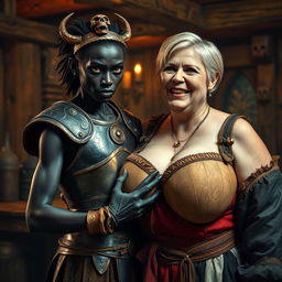 A striking and intense scene in a medieval tavern featuring two contrasting characters