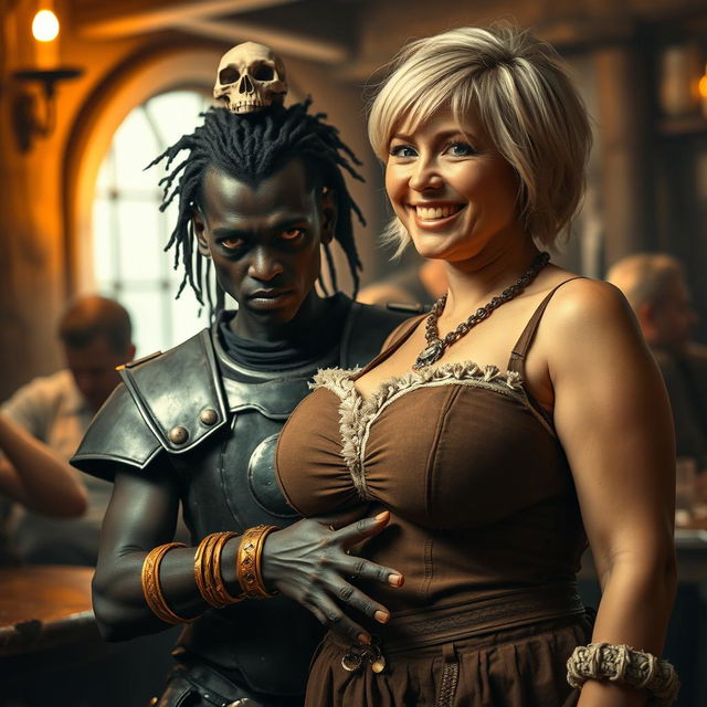 A striking and intense scene in a medieval tavern featuring two contrasting characters