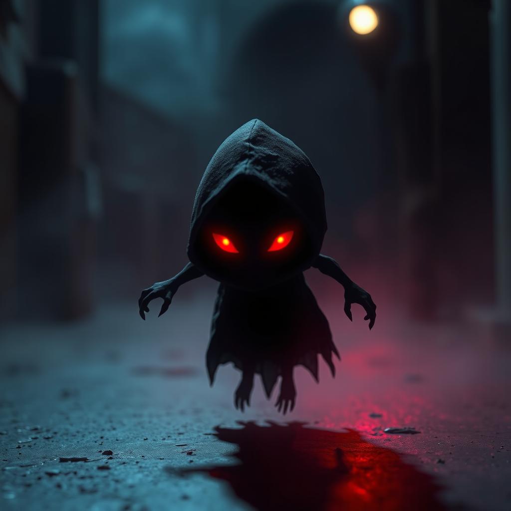 A small, dark entity with glowing red eyes, depicted in a mysterious and eerie style