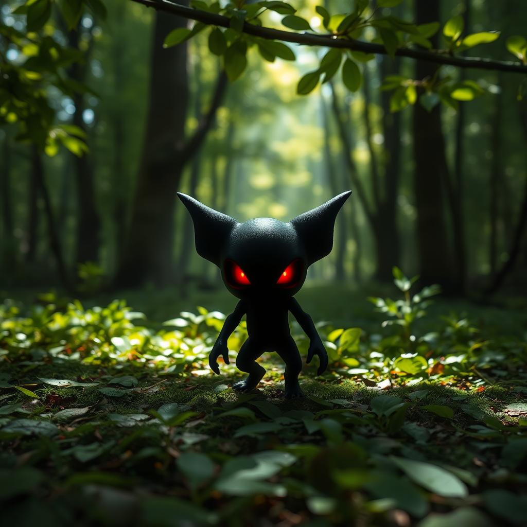 A small black entity with glowing red eyes, set against a lush, forest background