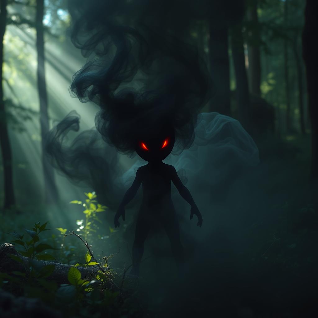 A small black entity with glowing red eyes, shrouded in dark smoke, set against a mystical forest backdrop