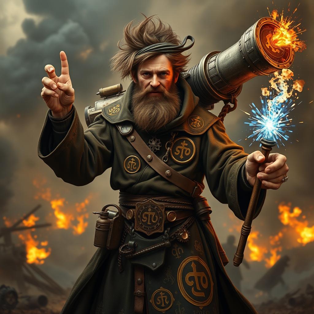 A middle-aged human preacher with wild, unkempt hair and a scruffy beard stands energetically amidst chaos, his eyes filled with divine fervor and madness
