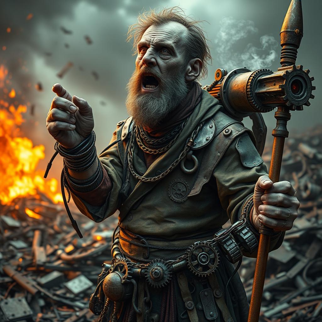 A wild-eyed human preacher with a face covered in soot and grease, featuring patches of metal plating bolted onto his skin