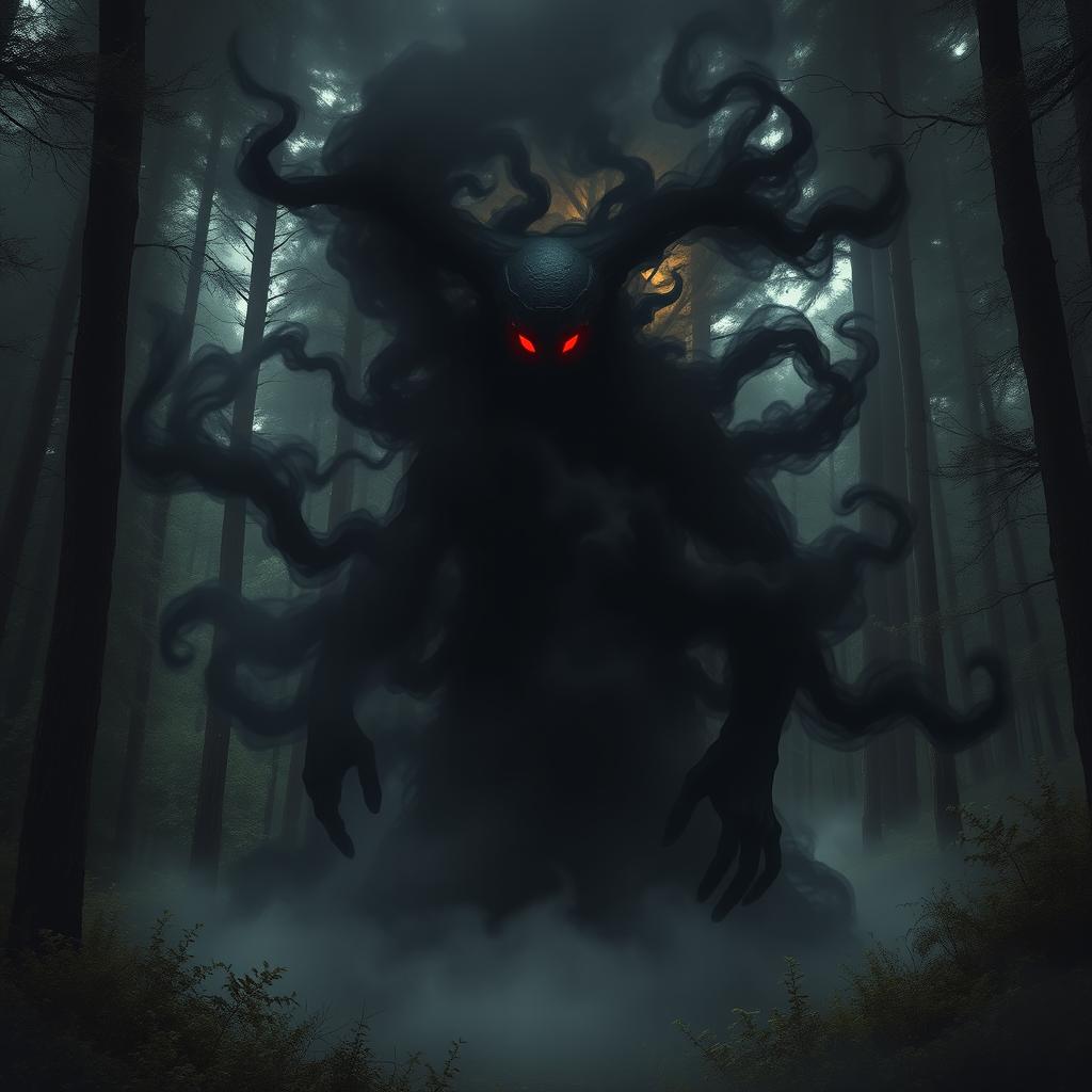 A large black entity with glowing red eyes, surrounded by swirling dark smoke, set against a dense forest background