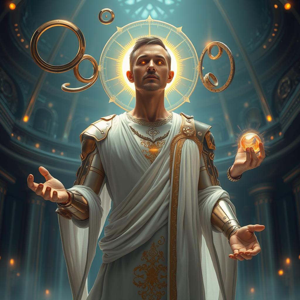 A human preacher with an ethereal presence, his body a seamless blend of flesh and machine