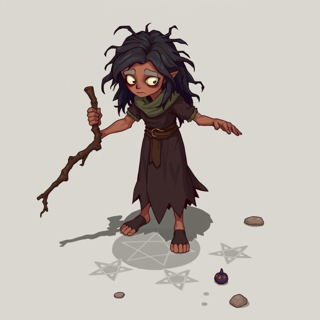 An old female character with tangled black hair, depicted in a 2D fantasy style