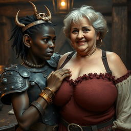 Inside a medieval tavern scene, featuring a young African woman, around 20 years old, very short and appearing malnourished, with deep black skin, anemic eyes, a demonic expression, and wearing Viking warrior armor
