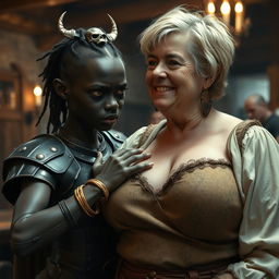 Inside a medieval tavern scene, featuring a young African woman, around 20 years old, very short and appearing malnourished, with deep black skin, anemic eyes, a demonic expression, and wearing Viking warrior armor