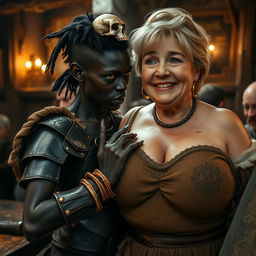 Inside a medieval tavern scene, featuring a young African woman, around 20 years old, very short and appearing malnourished, with deep black skin, anemic eyes, a demonic expression, and wearing Viking warrior armor
