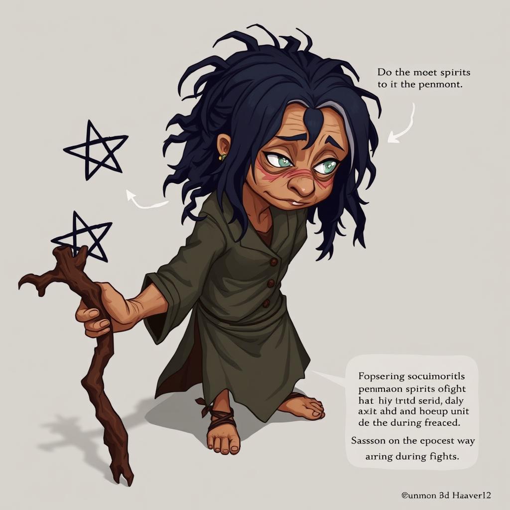 An old female character with tangled black hair, depicted in a 2D fantasy style
