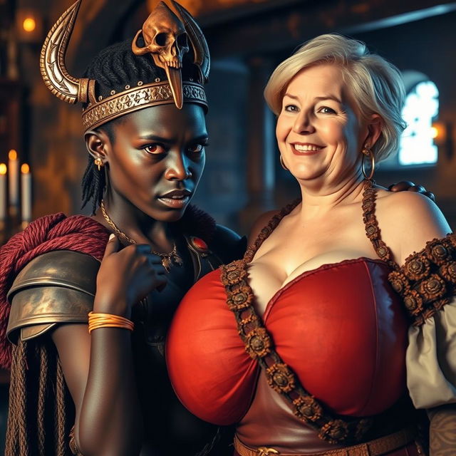 Inside a medieval bar, a young African woman, about 20 years old, is portrayed as very short and malnourished, with deep black skin, anemic eyes, and a demonic expression, dressed in a Viking warrior armor that reflects her intense rage