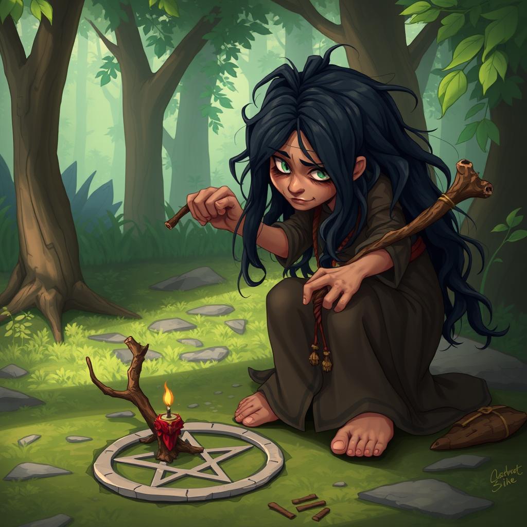 An old female character with tangled black hair, depicted in a 2D fantasy style set against a lush forest background