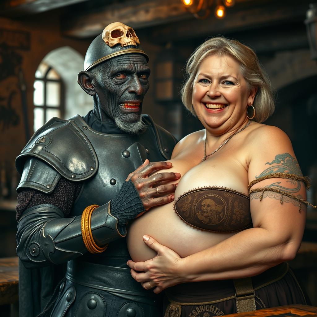 Inside a medieval tavern, an elderly African woman, around 90 years old, is depicted as very short and malnourished, with deep black skin, anemic eyes, and a demonic expression