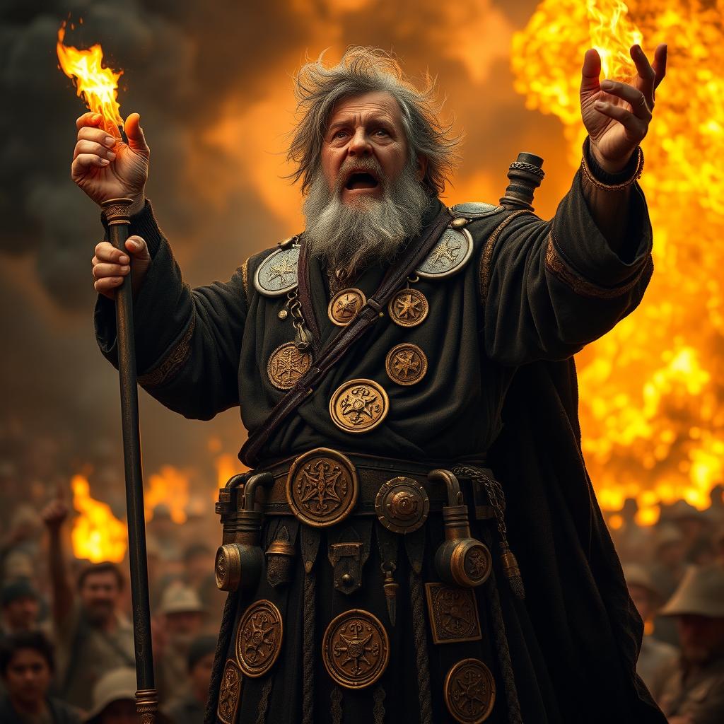 A middle-aged human preacher with wild, somewhat graying hair and a scruffy beard stands fervently addressing a crowd, his eyes filled with a mix of madness and fervor