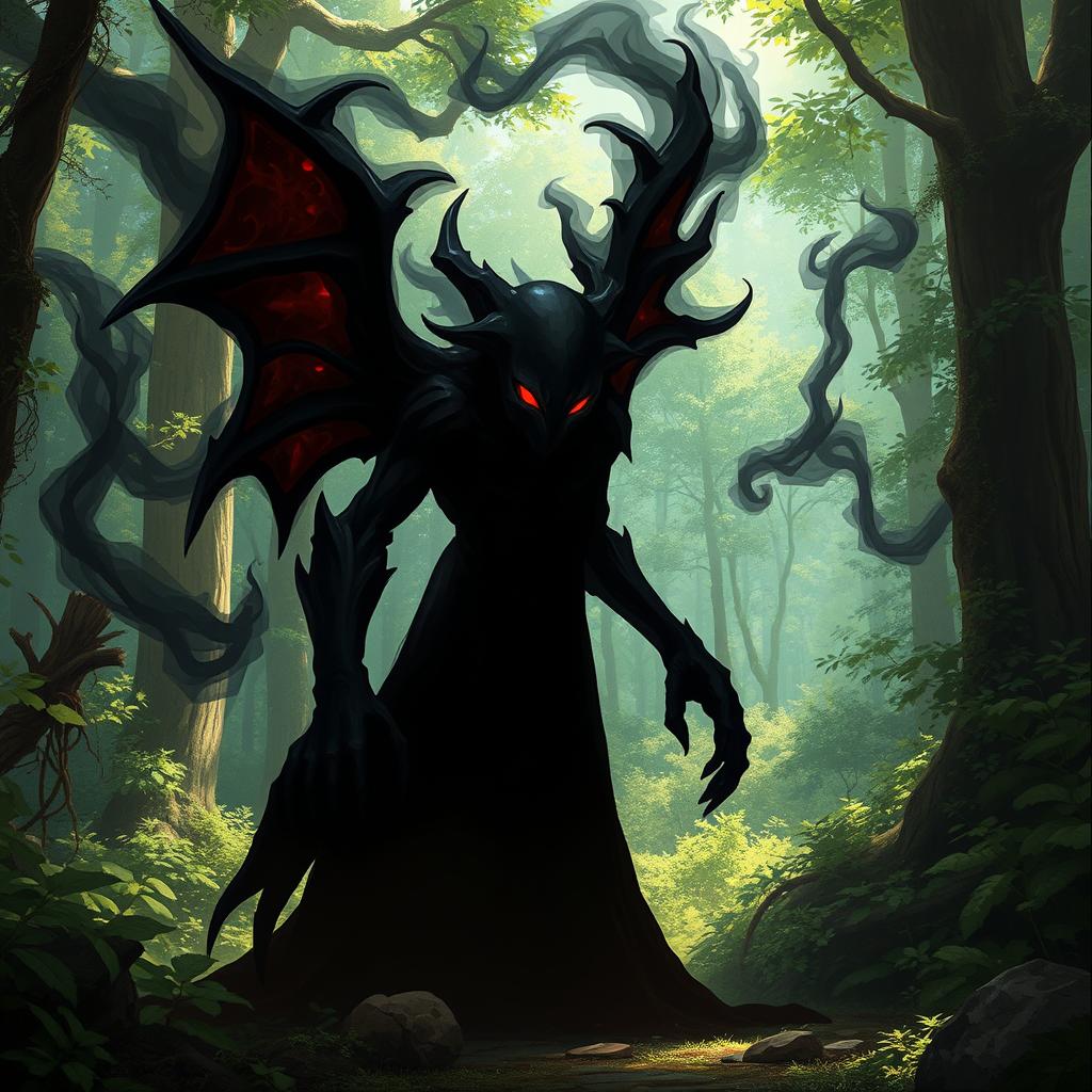 A black entity with glowing red eyes, surrounded by swirling dark smoke, depicted in a 2D fantasy style