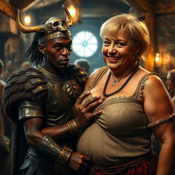 Inside a medieval tavern, a young African woman, approximately 30 years old, is depicted with a low stature and malnourished physique