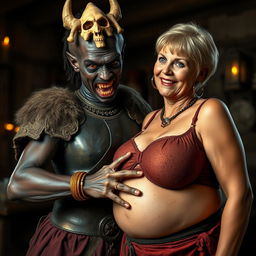 Inside a medieval tavern, a young African woman, approximately 30 years old, is depicted with a low stature and malnourished physique