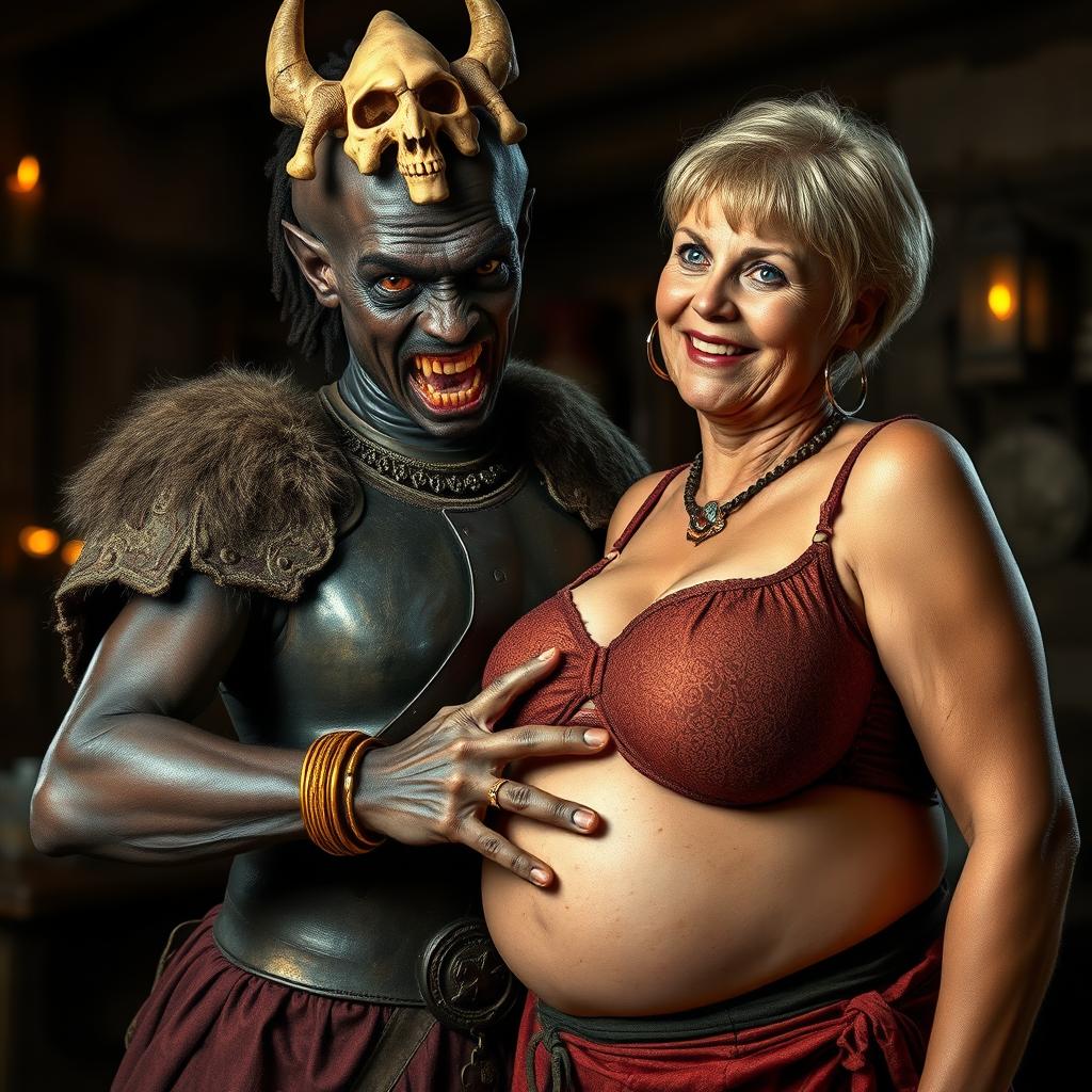 Inside a medieval tavern, a young African woman, approximately 30 years old, is depicted with a low stature and malnourished physique