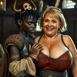 Inside a medieval tavern, a young African woman, around 20 years old, is portrayed as being very short and malnourished, with deep black skin and anemic eyes, giving her a demonic appearance