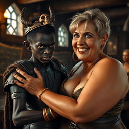 Inside a medieval tavern, a young African woman, around 20 years old, is portrayed as being very short and malnourished, with deep black skin and anemic eyes, giving her a demonic appearance