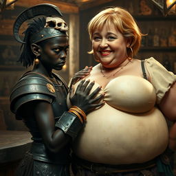 Inside a medieval tavern, a scene captures a young African woman, around 25 years old, portrayed as very short and malnourished, with deep black skin, anemic eyes, and a fierce, demonic expression