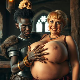 Inside a medieval tavern, a scene captures a young African woman, around 25 years old, portrayed as very short and malnourished, with deep black skin, anemic eyes, and a fierce, demonic expression
