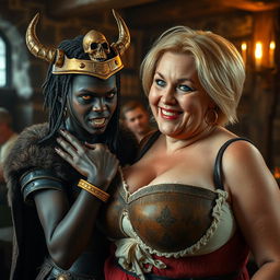 Inside a medieval tavern, a young African woman, around 25 years old, presents as very short and malnourished, with deep black skin, anemic eyes, and a fierce, demonic expression