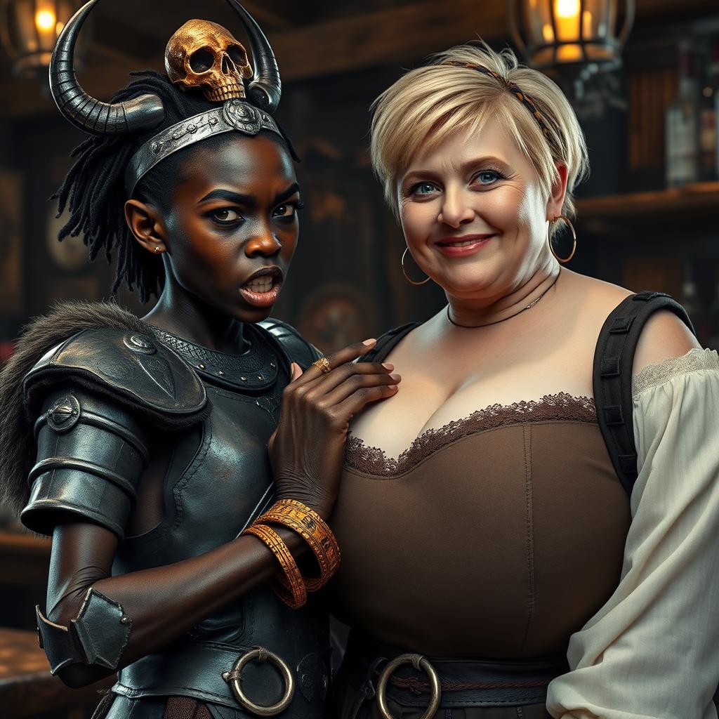 Inside a medieval tavern, a young African woman, around 25 years old, presents as very short and malnourished, with deep black skin, anemic eyes, and a fierce, demonic expression