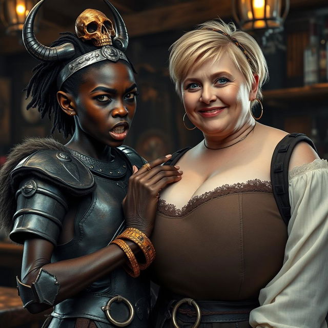 Inside a medieval tavern, a young African woman, around 25 years old, presents as very short and malnourished, with deep black skin, anemic eyes, and a fierce, demonic expression