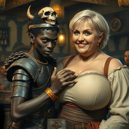 Inside a medieval tavern, a young African woman, around 25 years old, is depicted as very short and malnourished, with deep black skin, anemic eyes, and a fierce, demonic expression