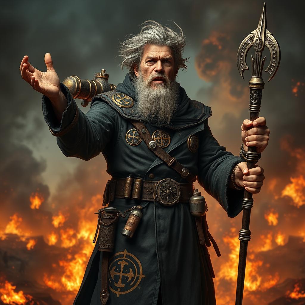 A middle-aged human preacher with wild, somewhat graying hair and a scruffy beard stands passionately preaching, his eyes filled with a compelling blend of madness and fervor