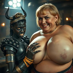 Inside a medieval brothel, a striking scene unfolds featuring a young African woman, around 25 years old, who is notably short and malnourished, with deep black skin, anemic eyes, and a fierce, demonic expression