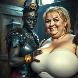 Inside a medieval brothel, a striking scene unfolds featuring a young African woman, around 25 years old, who is notably short and malnourished, with deep black skin, anemic eyes, and a fierce, demonic expression