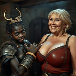 Inside a medieval brothel, a scene unfolds with a young African woman, about 20 years old, who is notably short and malnourished, exhibiting deep black skin, anemic eyes, and a fierce, demonic look on her face