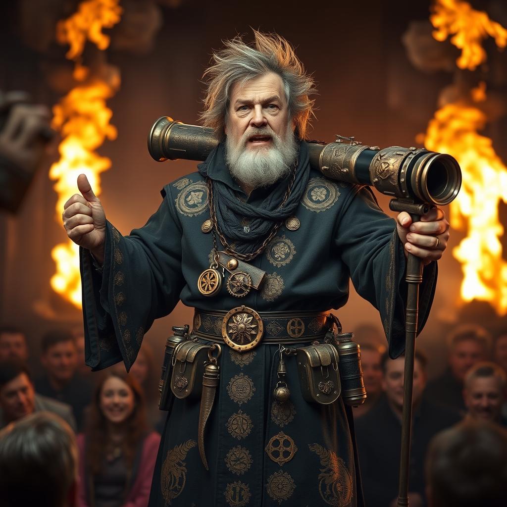 A middle-aged human preacher with wild hair, a scruffy beard, and eyes filled with a captivating mix of divine fervor and madness stands before a rapt audience